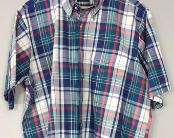 Vintage GANT Plaid Shirt Mens XL Short Sleeve Button Down Foxhunt Tartan Blue Red Ivy League Preppy
