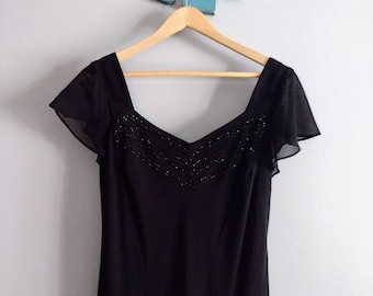Vintage Y2K Black Beaded Evening Dress Flutter Sleeve Knee Length Size 10
