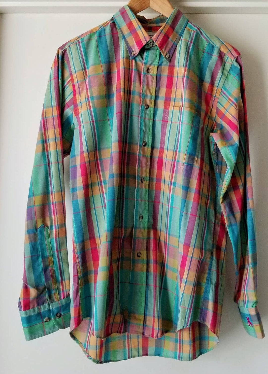 80s Preppy Shirt Mens Vintage Button up Shirts Outbrook Madras Plaid