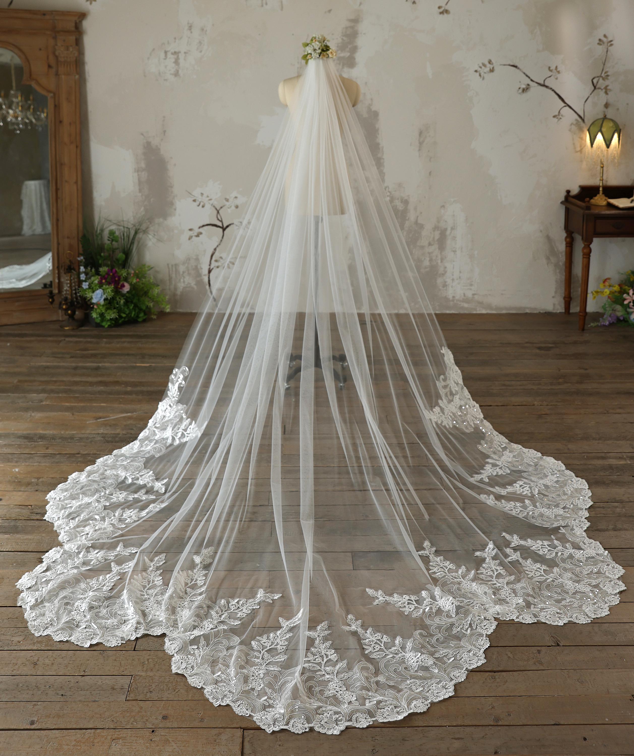 137’long white wedding veil with sequins Sequin Floral Cathedral Wedding Veil with Vertical Beading  main image 3