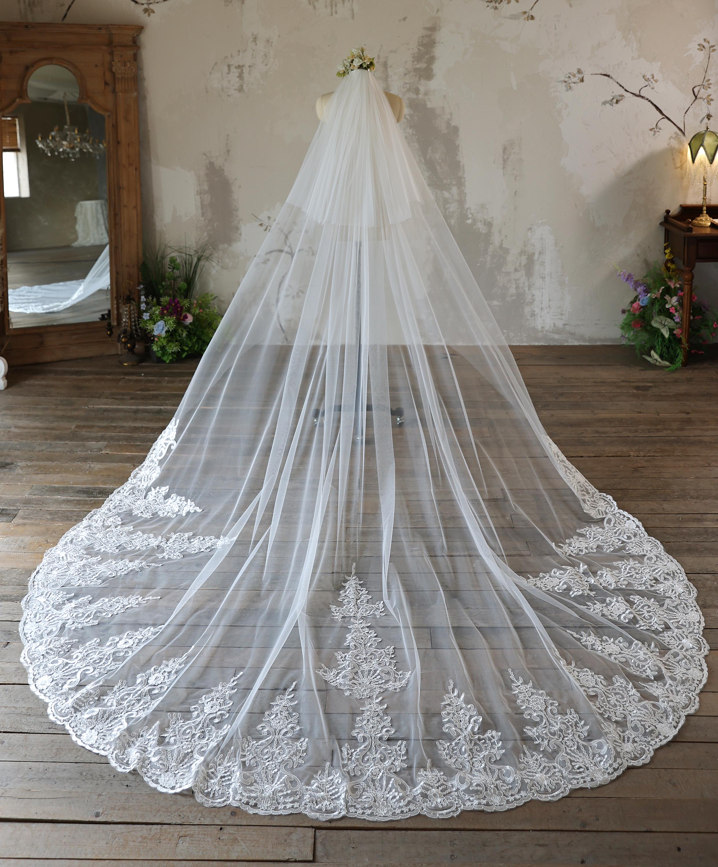 Long Lace Wedding Veil, 2 Tier Bridal Veil With Appliques - Etsy display picture 3