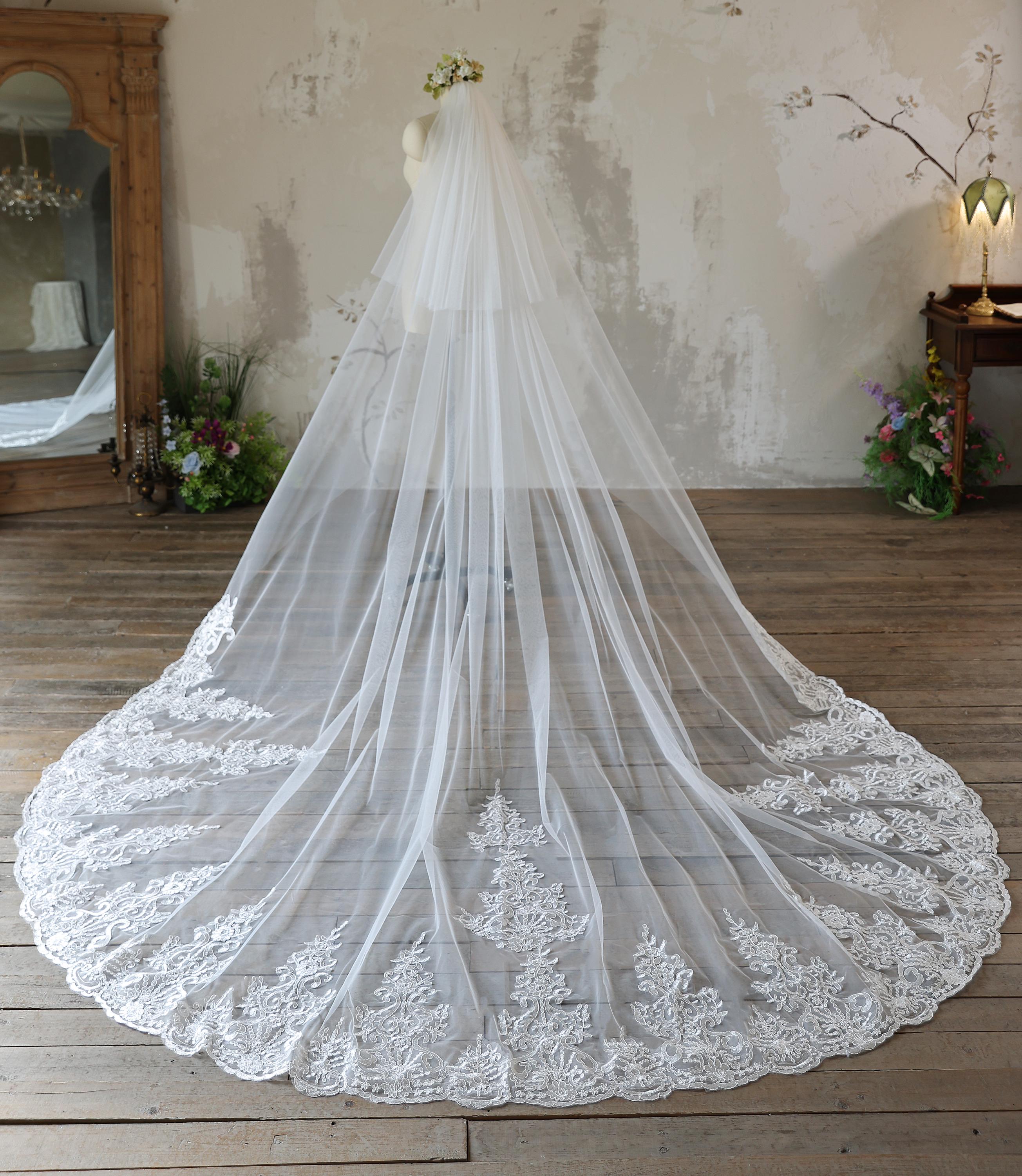 Long Lace Wedding Veil, 2 Tier Bridal Veil With Appliques - Etsy display picture 2
