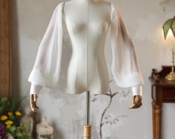 Avtagbara chiffongärmar för bröllop, off-white elastiska ärmar för brudklänning