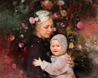 May include: A watercolor painting of a mother and child embracing, surrounded by pink flowers. The woman is wearing a black shirt and the child is wearing a pink sweater and a white hat.
