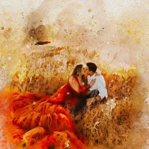 May include: A watercolor painting of a couple kissing in a field of hay. The woman is wearing a red dress and the man is wearing a white shirt. The painting is done in a soft, romantic style.