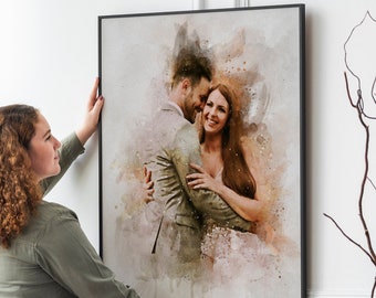 Gepersonaliseerde paar schilderij van foto, familie illustratie, bruidspaar portret, verjaardagscadeau voor vrouw man partner, kunst aan de muur