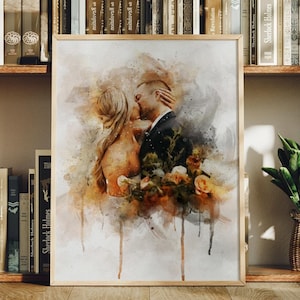 写真から描いた絵画、結婚式のイラスト、写真から描いたカスタムウェディングポートレート、カスタムカップルポートレート水彩画、彼女への贈り物_アート