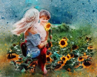 May include: A digitally painted image of a person holding a child in a field of sunflowers. The child is smiling and holding a sunflower. The background is a blend of blue, green, and yellow hues, creating a soft, artistic effect.