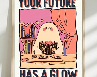 Cute ghost reading tarot card, Ghosts Art Print, Halloween Art Print, Halloween Decor, retro wall art, retro poster, girlfriend gift idea