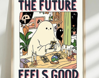 Cute ghost reading tarot card, Ghosts Art Print, Halloween Art Print, Halloween Decor, retro wall art, retro poster, girlfriend gift idea