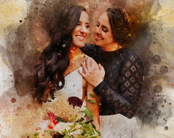 May include: Two people, one in a white dress and the other in a black dress with a geometric pattern, are embracing. The person in the white dress is holding a bouquet of flowers with red, green, and brown accents. The background is a watercolor wash of brown, yellow, and orange.