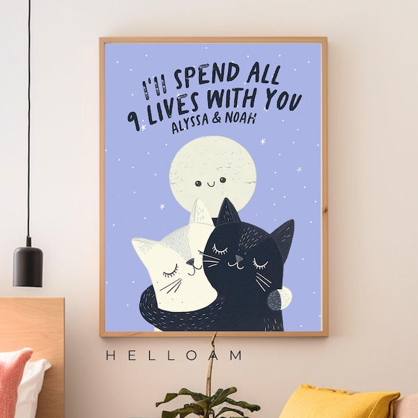 CUSTOM Couple Print, Personalized Cat Illustration, Anniversary Engagement Valentines Gift Idea, Cute Wall decor, Aesthetic Cats, UNFRAMED
