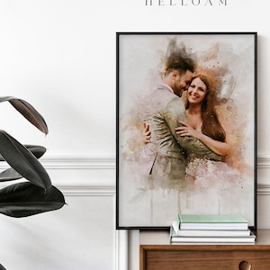 Wedding Couple Portrait,, Anniversary Gift for Wife Husband Partner, Wall Art, Personalised Couple Painting from Photo, Family Illustration