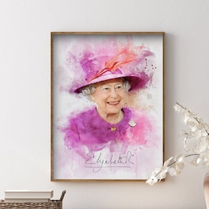 Queen Elizabeth II Framed Print Portrait,, British Queen framed print wall art Queen Elizabeth II signature Portrait art poster