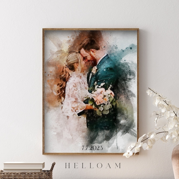 Watercolor Couple Portrait from Photo, Custom Wedding Anniversary Gift for Wife Husband Parents, Engagement Gift for Friend, Unique Wall Art