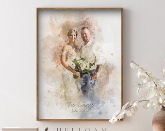 Watercolor Couple Portrait from Photo, Custom Wedding Anniversary Gift for Wife Husband Parents, Engagement Gift for Friend, Unique Wall Art