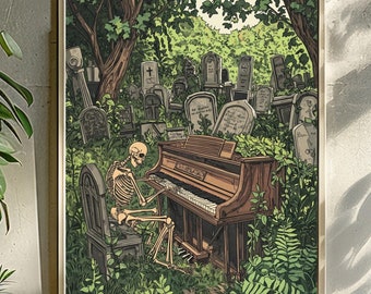 pianospelen skelet, skelet print Halloween kunst aan de muur, Halloween decor, Halloween poster halloween print, vintage design maximalist
