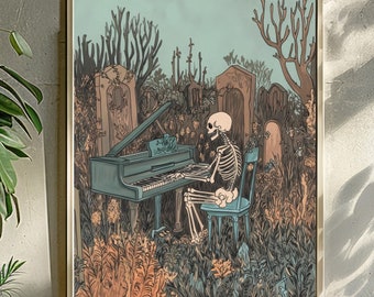 pianospelen skelet, skelet print Halloween kunst aan de muur, Halloween decor, Halloween poster halloween print, vintage design maximalist