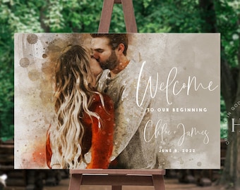 Op de afbeelding: Een aquarel huwelijkswelkomsbord met een kussend stel. Het bord zegt "Welkom bij ons begin Chloe + James 8 juni 2022".