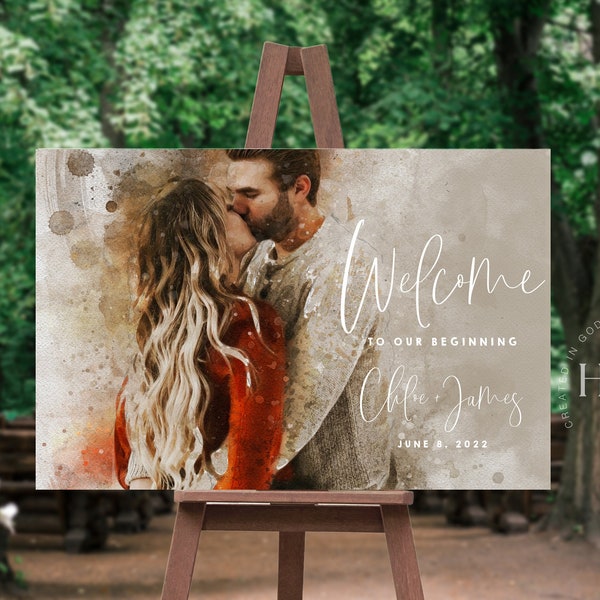 Wedding Welcome Sign Watercolor Couple Portrait,, Photo Wedding Sign, Wedding Entrance Sign Wedding Guest Book Canvas, Wedding Wall Art