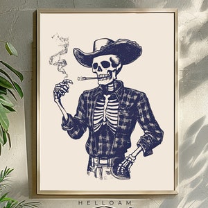 skeleton cowboy print, western decor, day of the dead, bar art, vintage art, eclectic wall art, texas wall art, rustic home decor