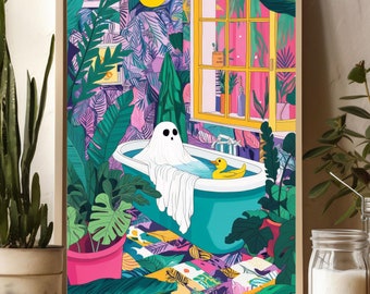 Ghost on Toilet, Ghost in Bathroom Art Dark Academia Halloween Decoration, Bathroom Wall Art, Bathroom Decor, ghost art print bathroom decor