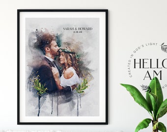 Watercolor Couple Portrait from Photo, Custom Wedding Anniversary Gift for Wife Husband Parents, Engagement Gift for Friend, Unique Wall Art