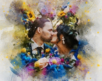 Pode incluir: Uma pintura em aquarela de um casal se beijando, rodeado de flores coloridas. A pintura tem um toque suave e romântico, perfeita para um presente de casamento ou aniversário.