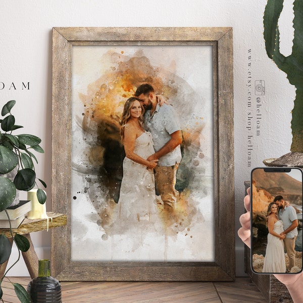 Portrait de couple à l'aquarelle à partir d'une photo, cadeau d'anniversaire de mariage personnalisé pour femme mari et parents, cadeau de fiançailles pour un ami, art mural unique