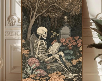 skelet lezen, kunst aan de muur halloween, halloween decor, halloween poster, halloween print, vintage design, skelet print, grappige muurkunst