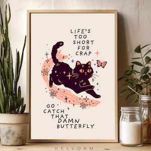 Impresión de gato, lindo regalo de inauguración de la casa con impresión peculiar, póster ecléctico, arte de pared peculiar, regalo para amantes de los gatos negros, descarga de impresiones digitales de arte de gatos negros
