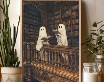 Twee schattige geesten in een bibliotheek print romantisch donker academia spookachtig decor vintage poster gotisch schilderij lezen spook digitale prints download