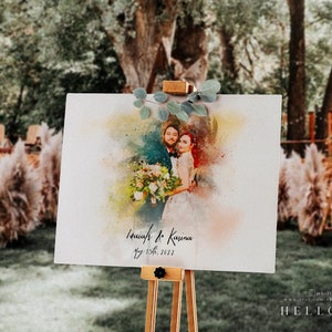Wedding Welcome Sign Watercolour,, Wedding Decor from Couple Portrait, Photo Wedding Sign, Unique Wedding Decoration, Wedding Entrance Sign