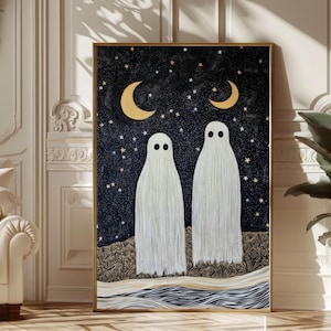 Two cute ghosts in flower woods print, romantic dark academia, moody cottagecore spooky decor vintage poster, gothic painting, reading ghost