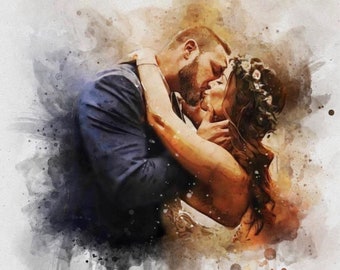 Retrato de casal em aquarela a partir de foto, presente de aniversário de casamento personalizado para esposa, marido e pais, presente de noivado para amigo, arte de parede exclusiva
