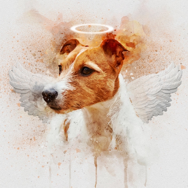Pet Loss Memorial Portrait with Angel Wings and Halo,,DIGITAL FILE  Custom Black & White Dog and Cat Printable Personalized Thoughtful Gift_