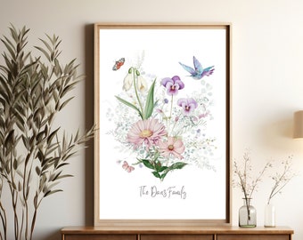Birth Flower Family Bouquet Custom Digital Print Personalized Gift Mother&#39;s Day Antique Home art Grandmother gift Floral Family portrait