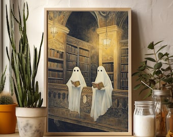 Twee schattige geesten in een bibliotheekafdruk, romantische donkere academische wereld, humeurig cottagecore spookachtig decor vintage poster, gotische schilderkunst, lezende geest