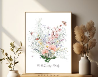 Bouquet de famille de fleurs de naissance, impression de fleurs de naissance aquarelle personnalisée, art mural, cadeau d'anniversaire, décoration d'intérieur minimaliste, cadeau personnalisé