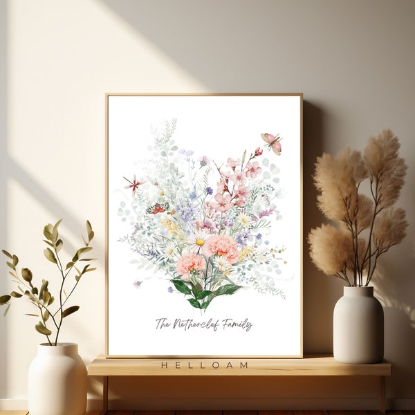 Bouquet di famiglia di fiori di nascita, stampa floreale di nascita ad acquerello personalizzata, arte della parete, regalo di compleanno, arredamento minimalista per la casa, regalo personalizzato