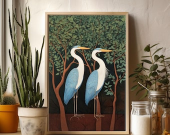 Blauwe reiger print, minimalistisch kustkamerdecor, Noorse volkskunst bloemenvogel, Scandinavische muurkunst, slaapkamer woonkamer decor thuiscafé