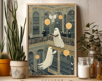 Twee schattige geesten in bloemenbossen, romantische donkere academische wereld, humeurig cottagecore spookachtig decor vintage poster, gotische schilderkunst, lezende geest