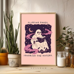 Ghosts Art Print, Cute ghost, dark academia, moody decor vintage poster, gothic painting, reading ghost, ghost Halloween, halloween wall art