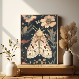 Moths and poppy flowers, botanical illustrations, magic art print, boho Aesthetic, poppy art print, Cottagecore Nature print, moths ALL