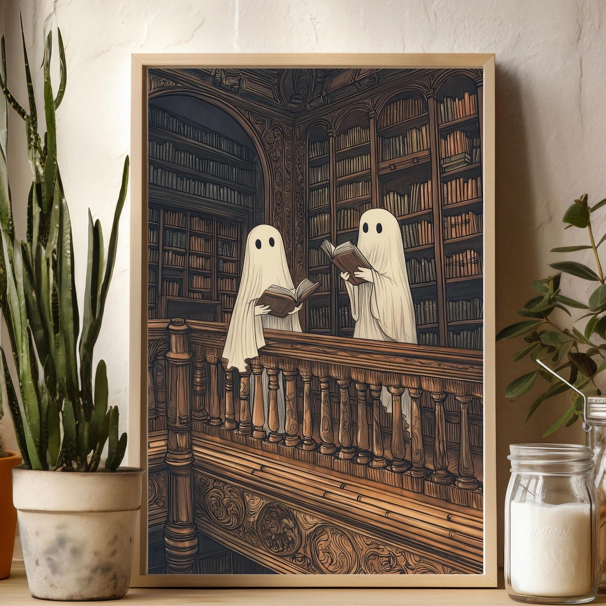 Two Cute Ghosts in a Library Print, Romantic Dark Academia, Moody Cottagecore Spooky Decor Vintage Poster, Gothic Painting, Reading Ghost - Etsy