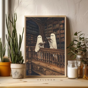 Zwei Geister Gespenster in einer Bibliothek Druck, stimmungsvolles, stimmungsvolles, gruseliges Vintage Poster, Gothic Gemälde, Lesegeist