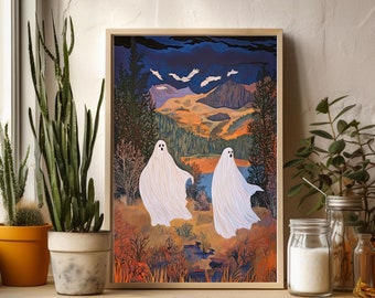 Twee schattige geesten in bloemenbossen, romantische donkere academische wereld, humeurig cottagecore spookachtig decor vintage poster, gotische schilderkunst, lezende geest