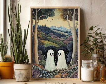 Twee schattige geesten in bloemenbossen, romantische donkere academische wereld, humeurig cottagecore spookachtig decor vintage poster, gotische schilderkunst, lezende geest