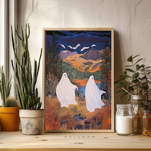 Two cute ghosts in flower woods print, romantic dark academia, moody cottagecore spooky decor vintage poster, gothic painting, reading ghost