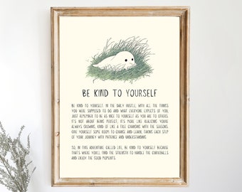 Funny Ghost Poster, cute ghost, Be Kind to Yourself Art Poster, Quote Art Print, Eclectic Wall Art, Home Decor, Mindfulness, Mental Health